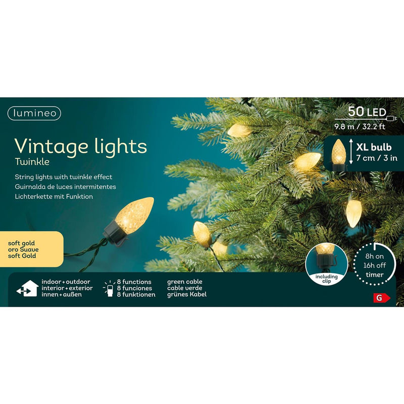 Afbeelding laden in galerijviewer, Lumineo led vintage kerstboom verlichtng 8 functie twinkel effect 50led 980cm groen soft gold
