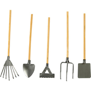 Creativ company tuingereedschap - mini tuingereedschapset - hark, schep, vork - miniatuur - hobbydecoratie - metaal en hout - lengte: 11 cm - creotime - 5 stuks