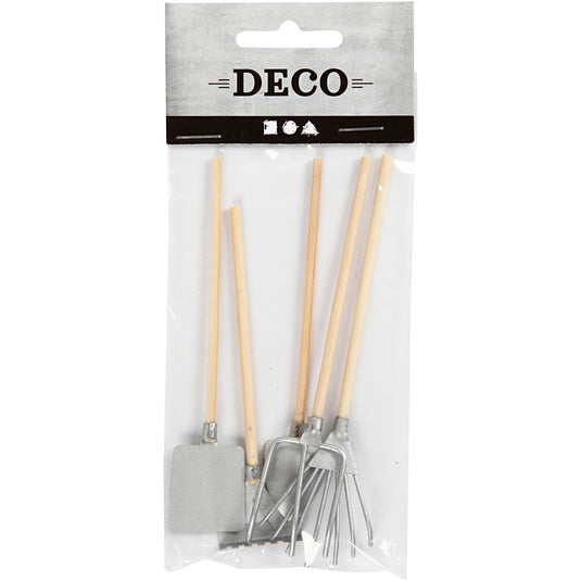 Creativ company tuingereedschap - mini tuingereedschapset - hark, schep, vork - miniatuur - hobbydecoratie - metaal en hout - lengte: 11 cm - creotime - 5 stuks