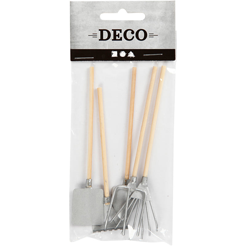 Afbeelding laden in galerijviewer, Creativ company tuingereedschap - mini tuingereedschapset - hark, schep, vork - miniatuur - hobbydecoratie - metaal en hout - lengte: 11 cm - creotime - 5 stuks
