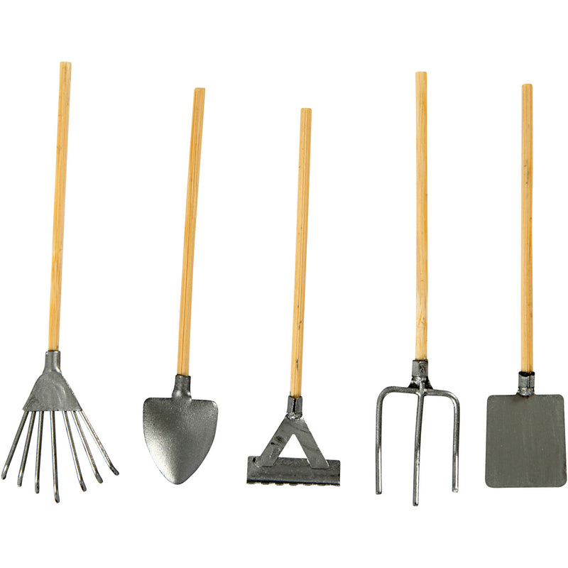 Afbeelding laden in galerijviewer, Creativ company tuingereedschap - mini tuingereedschapset - hark, schep, vork - miniatuur - hobbydecoratie - metaal en hout - lengte: 11 cm - creotime - 5 stuks

