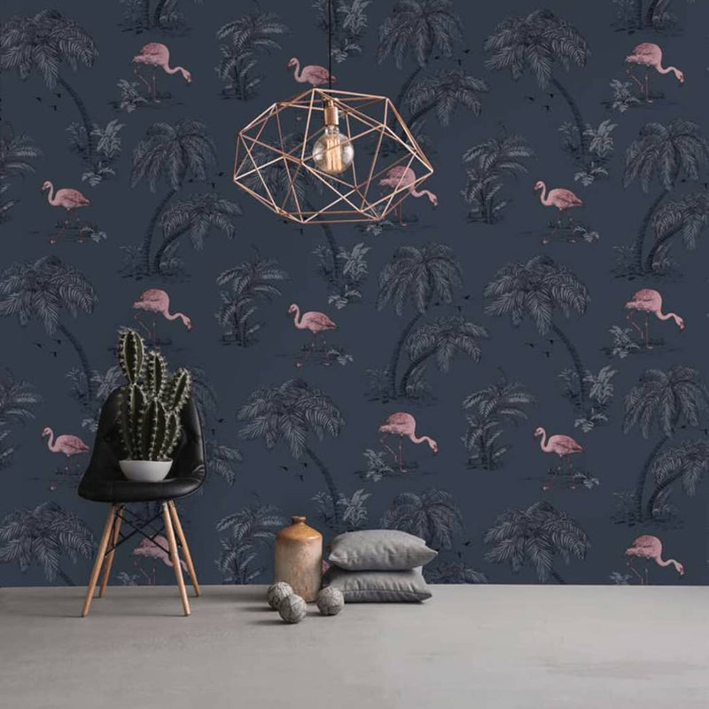 Afbeelding laden in galerijviewer, Dutch wallcoverings dutch wallcoverings behang flamingo petrolblauw
