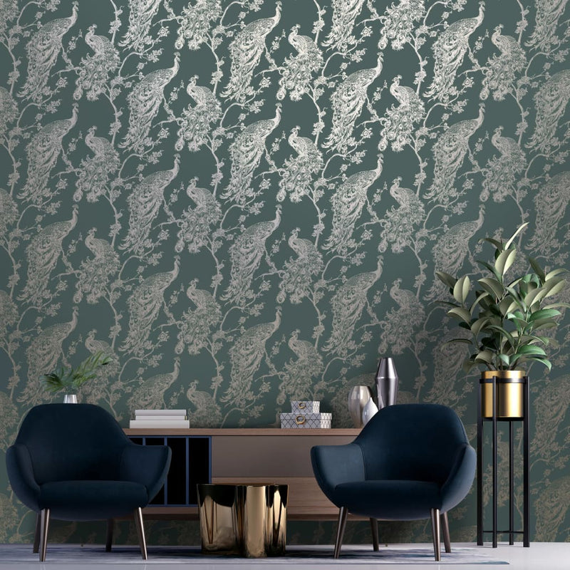 Afbeelding laden in galerijviewer, DUTCH WALLCOVERINGS DUTCH WALLCOVERINGS Behang Peacock groen en zilverkleurig
