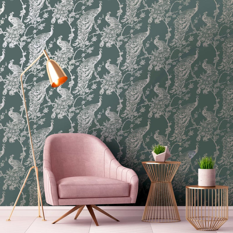 Afbeelding laden in galerijviewer, DUTCH WALLCOVERINGS DUTCH WALLCOVERINGS Behang Peacock groen en zilverkleurig
