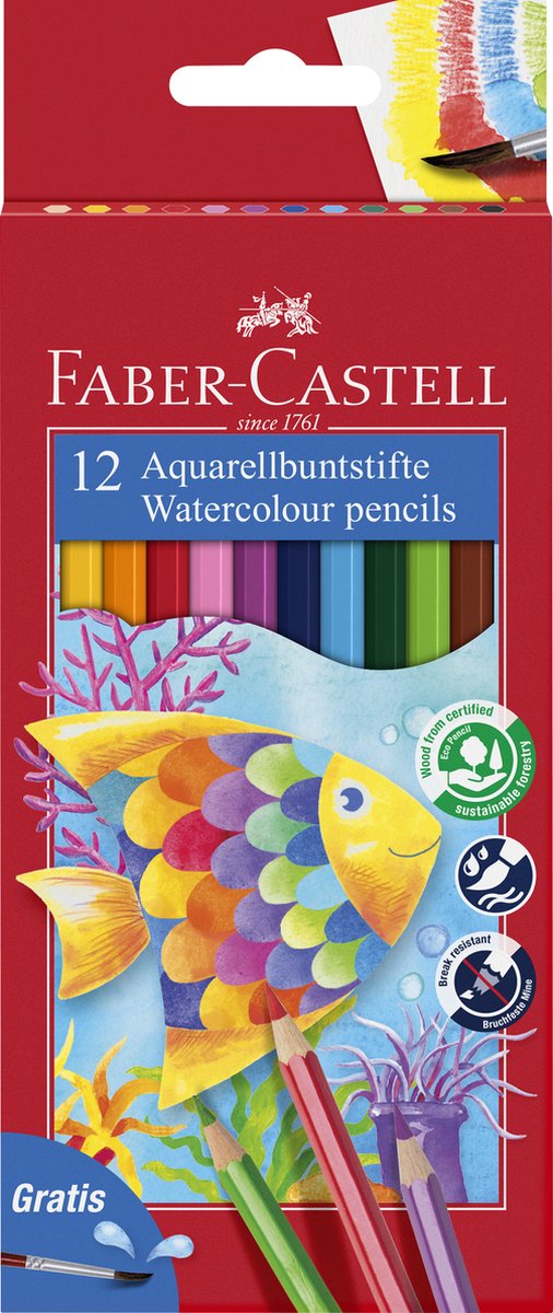 Faber-castell kleurpotlood aquarel- etui 12 stuks + penseel - fc-114413