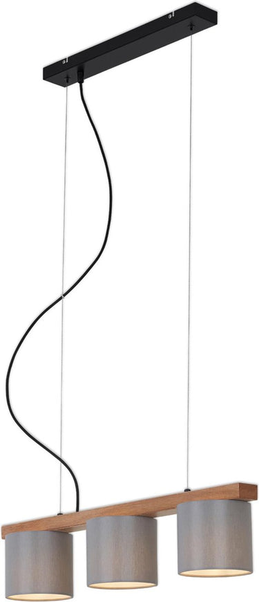 Briloner leuchten wood style - hanglamp - 3-lichts - e14 max. 25w - lampenkap: grijs - materiaal: metaal-hout en stof
