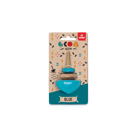 Houten tol geom blauw. 8 x 5 x 15 cm. 5+