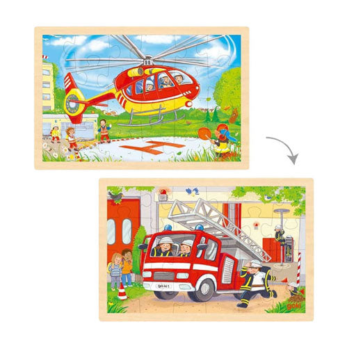 Afbeelding laden in galerijviewer, Goki houten legpuzzel - heli en brandweerwagen - 24st.
