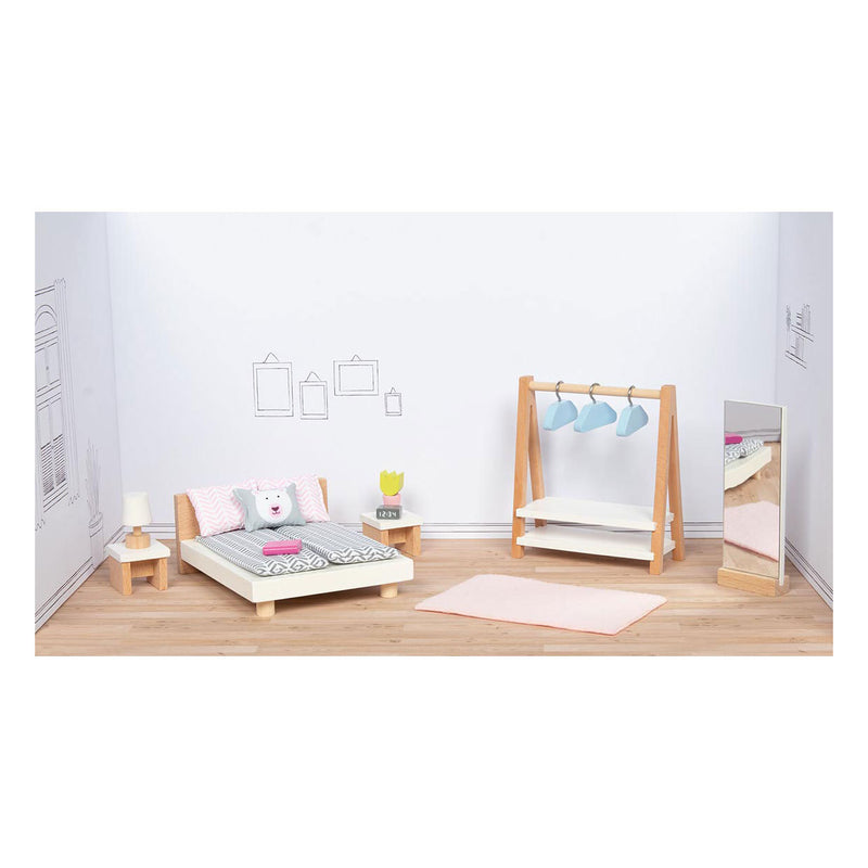 Afbeelding laden in galerijviewer, Goki poppenhuismeubeltjes: design slaapkamer, 18-delig, bed 12,7cm, beukenhout en stof, 3+
