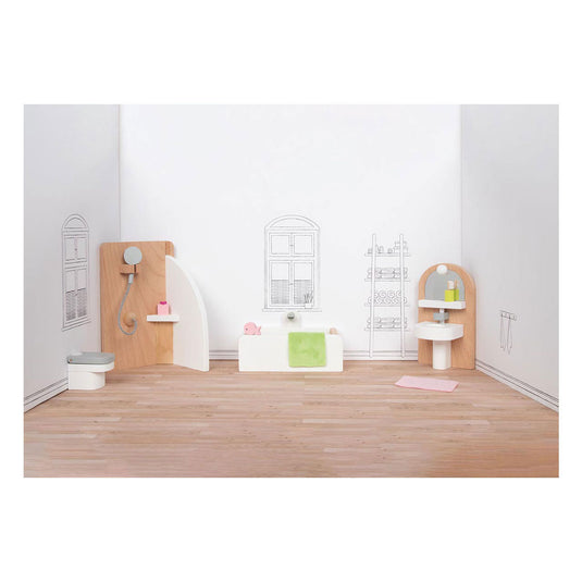 Goki poppenhuismeubeltjes: design badkamer, 10-delig, 11,2x6,2x6cm (bad), beukenhout en stof, 3+