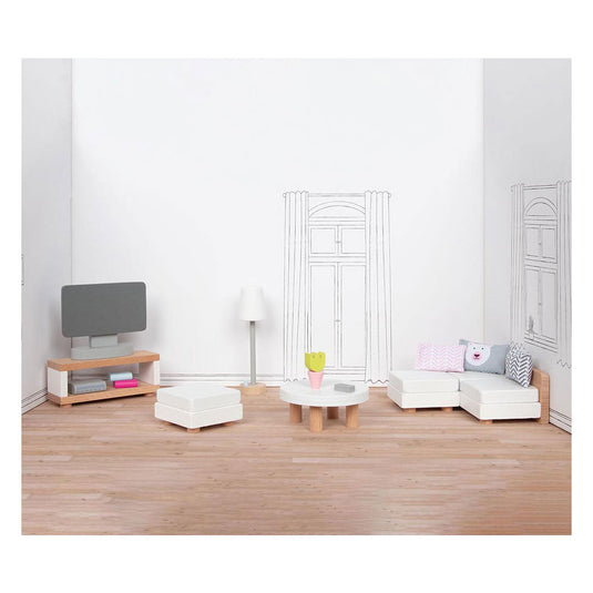 Goki poppenhuismeubeltjes: design woonkamer, 15-delig, 9,5x3x4cm (televisiekast), beukenhout en stof, 3+