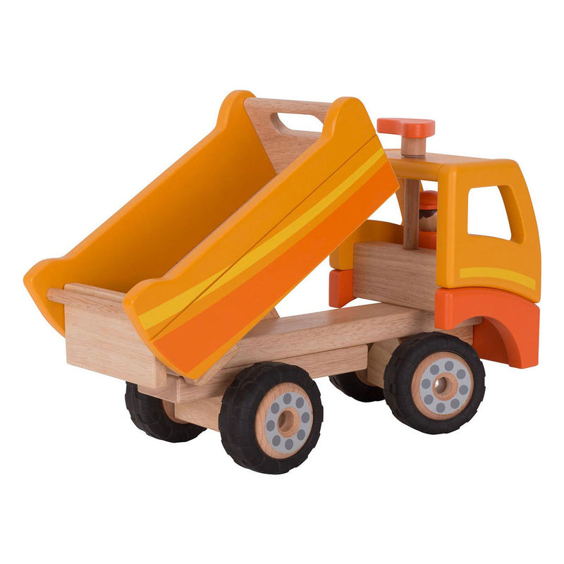 Afbeelding laden in galerijviewer, Goki houten kiepwagen oranje met draaibare wielen
