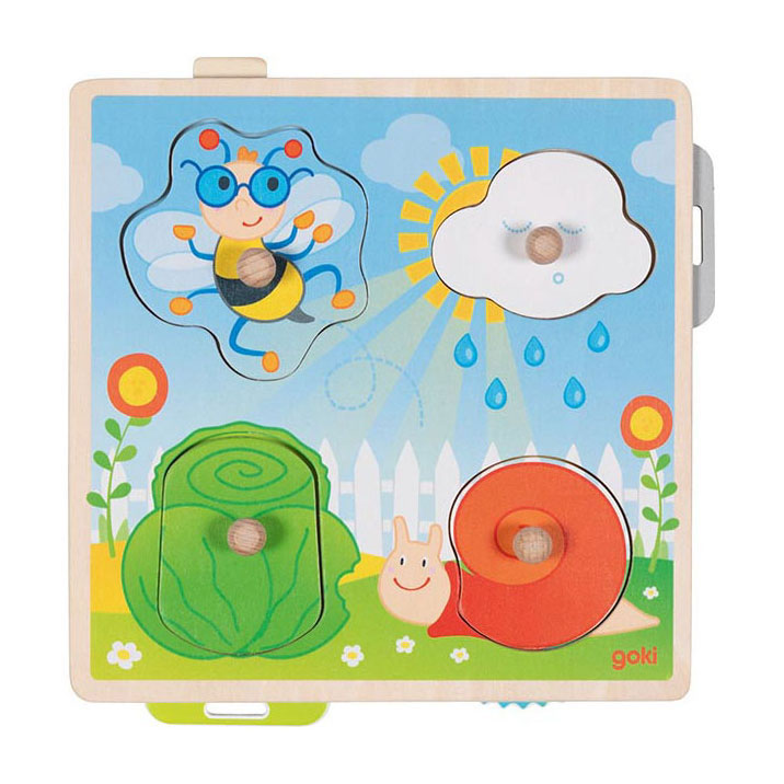 Afbeelding laden in galerijviewer, Goki puzzel: in de tuin 21,8x22,5x2,8cm, 4-delig, met achtergrondafbeeldingen, hout, 1+
