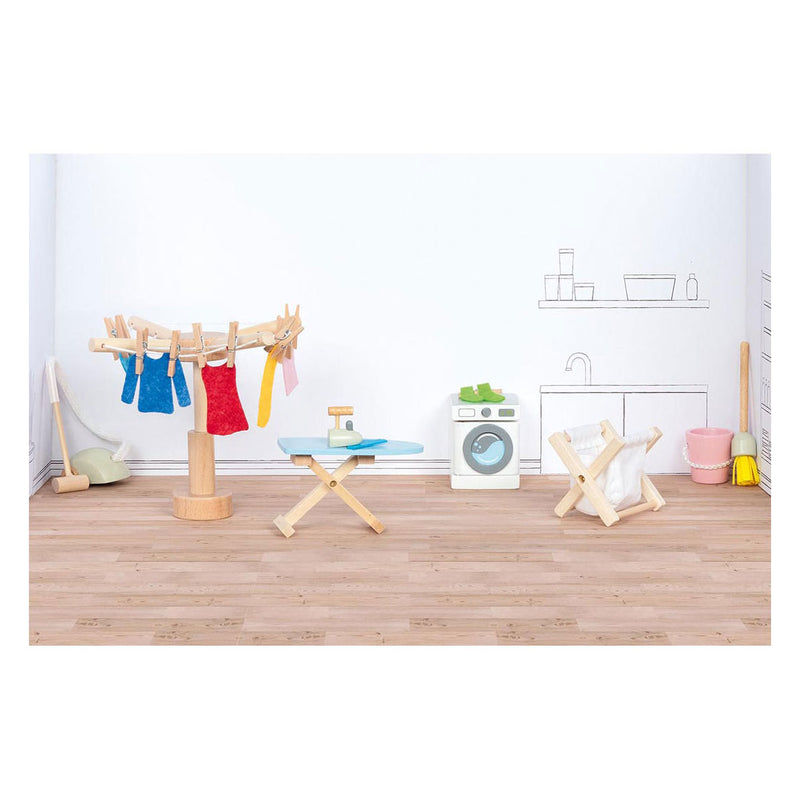 Afbeelding laden in galerijviewer, Goki poppenhuistoebehoren: washoksaccessoires, 19-delig, wasmachine 4x4,5x5cm, hout en tekstiel, 3+
