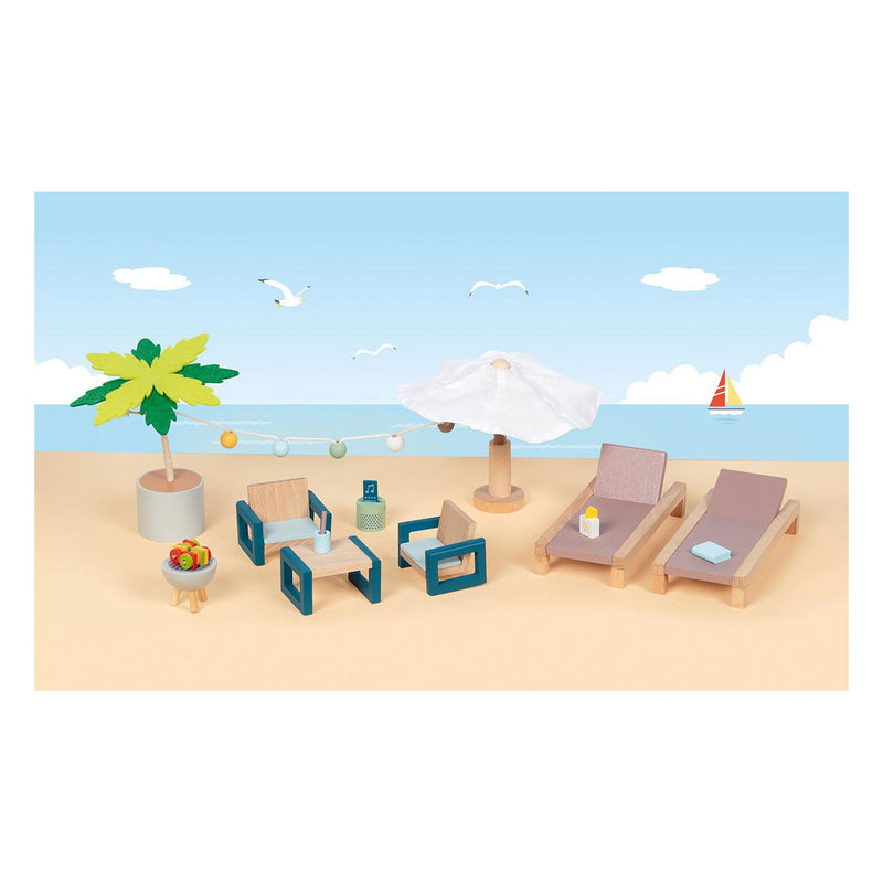 Afbeelding laden in galerijviewer, Goki poppenhuismeubeltjes: outdoor meubelset mallorca, 17-delig, ligbed 13x6x2,2cm, hout en tekstiel, 3+
