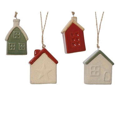 Decoris kersthanger huisje porselein 3x5,7x7,2cm 4 assorti