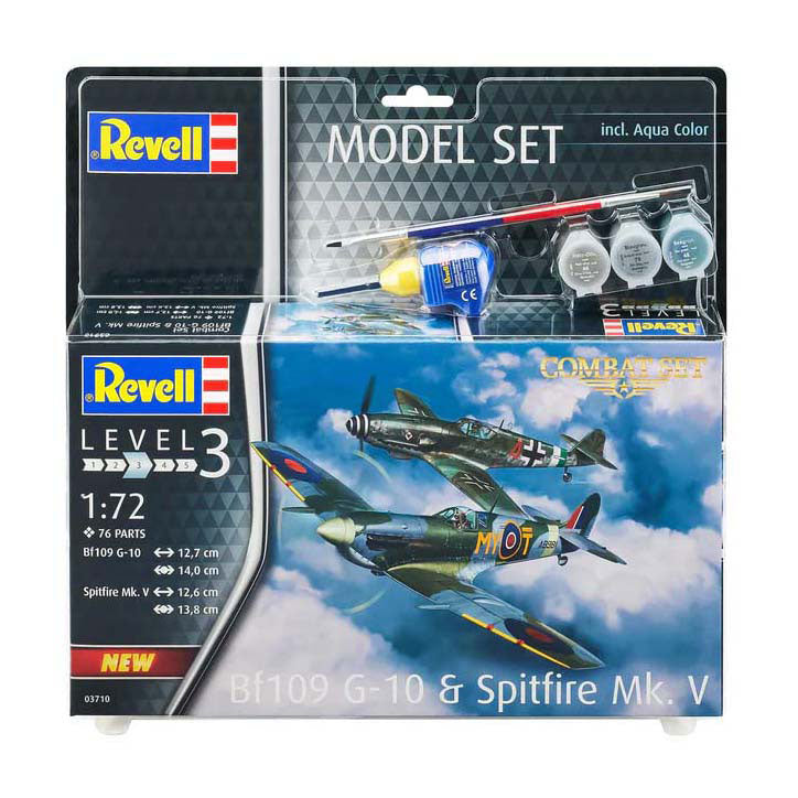 Afbeelding laden in galerijviewer, Revell modelbouwpakket - combat set bf109g-10 spitfire mk.v 1:72 - 76dlg. - incl. aqua color basiskleuren verf
