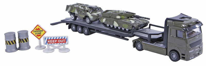Afbeelding laden in galerijviewer, 2-play military transporter met 2 tanks die-cast kunststof 24cm
