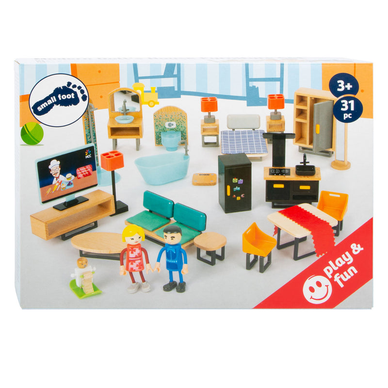 Afbeelding laden in galerijviewer, Small foot - houten poppenhuis meubeltjes modern complete set, 31dlg.
