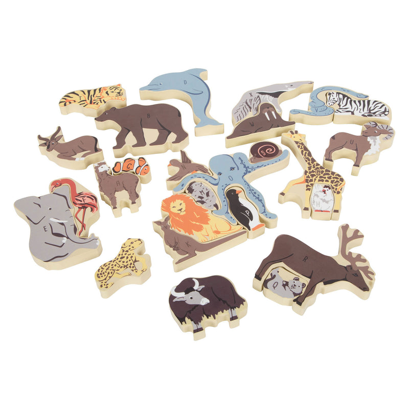 Afbeelding laden in galerijviewer, Small foot - houten letter en vormenpuzzel dieren, 26st.
