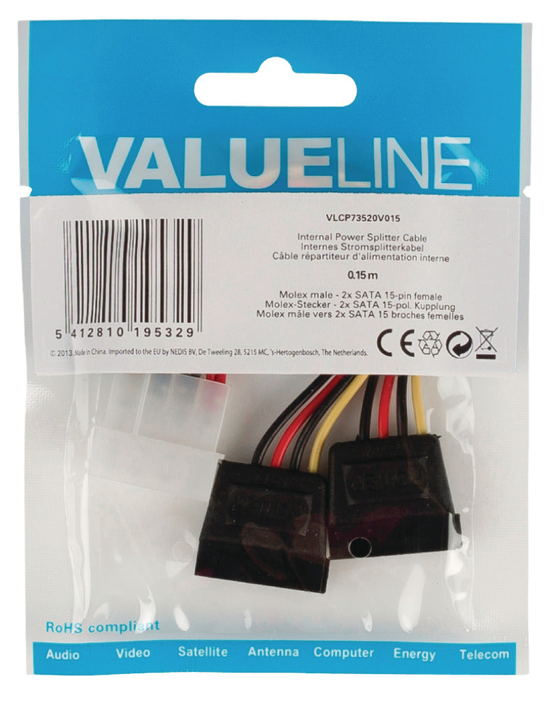 Afbeelding laden in galerijviewer, Valueline vlcp73520v015 interne stroom splitterkabel molex mannelijk - 2x sata 15-pins vrouwelijk 0,15 m veelkleurig
