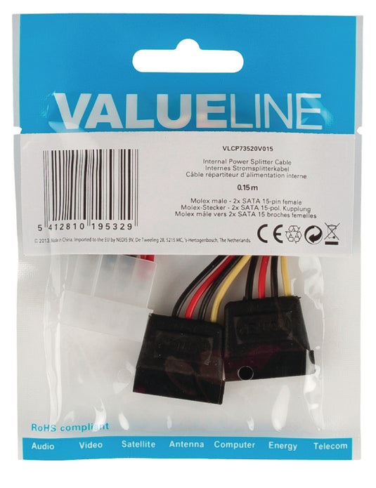 Valueline vlcp73520v015 interne stroom splitterkabel molex mannelijk - 2x sata 15-pins vrouwelijk 0,15 m veelkleurig