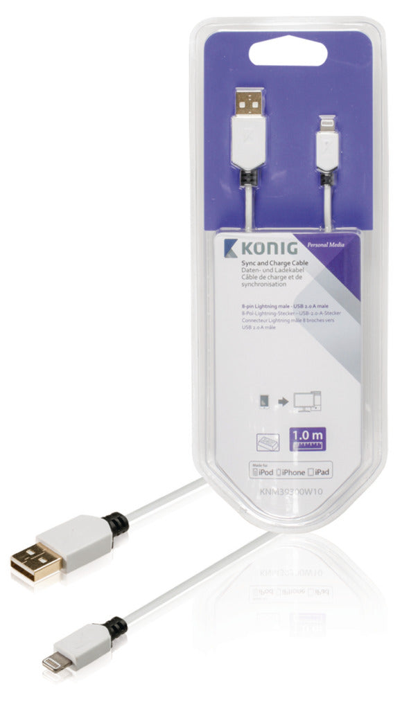 Afbeelding laden in galerijviewer, K ouml;nig knm39300w10 sync and charge kabel 8-pins lightning male - usb 2.0 a male 1,00 m wit
