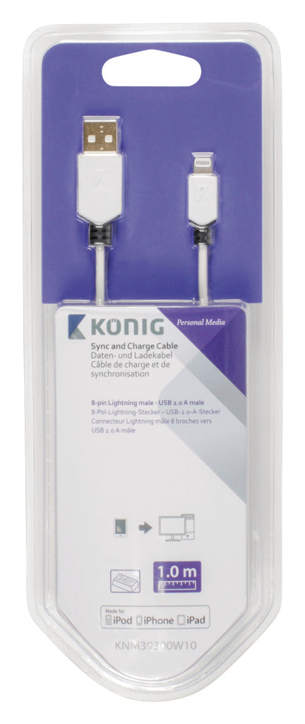 Afbeelding laden in galerijviewer, K ouml;nig knm39300w10 sync and charge kabel 8-pins lightning male - usb 2.0 a male 1,00 m wit
