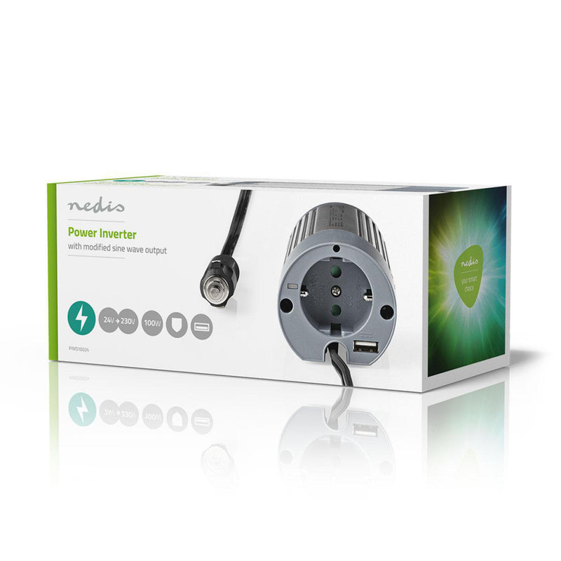 Afbeelding laden in galerijviewer, Nedis PIMS10024 Stroomomvormer Gemodificeerde Sinusgolf 24 V Dc 230 V 100 W 1x Schuko 1x Usb-uitgang
