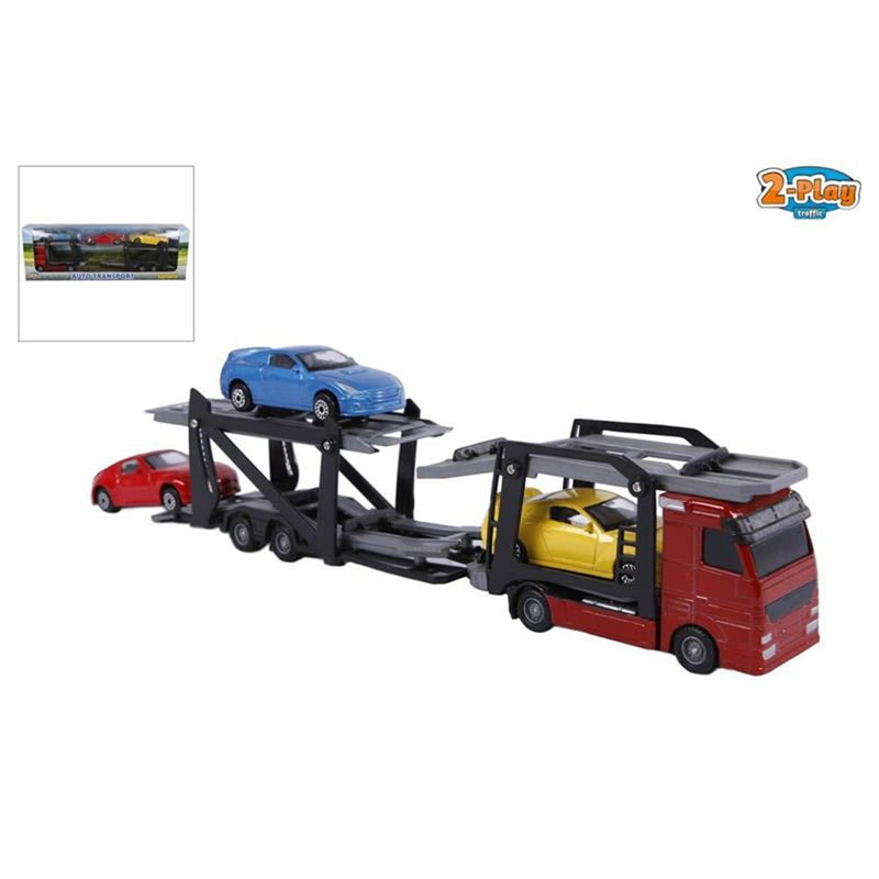 Afbeelding laden in galerijviewer, 2-play autotransporter diecast met 3 auto's 26 cm multicolor
