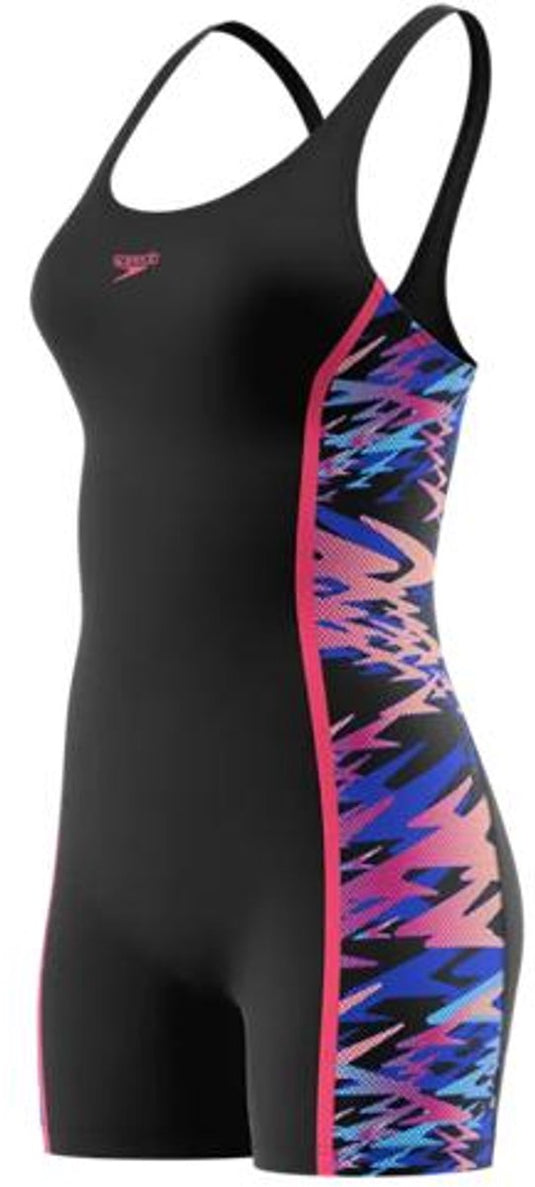 Speedo hyperboom splice muscleback legsuit dames sportbadpak - kleurvast badpak dames met pijpjes - zwempak dames met borstvoering - sportbadpak dames met muscleback - zwart roze - 44