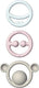 Moluk nigi, nagi nogi set pastelkleuren, set van 3 tactiele bijtringen in verschillende kleuren, in siliconen rubber, in doos 12.5x2x25.8cm, 0+