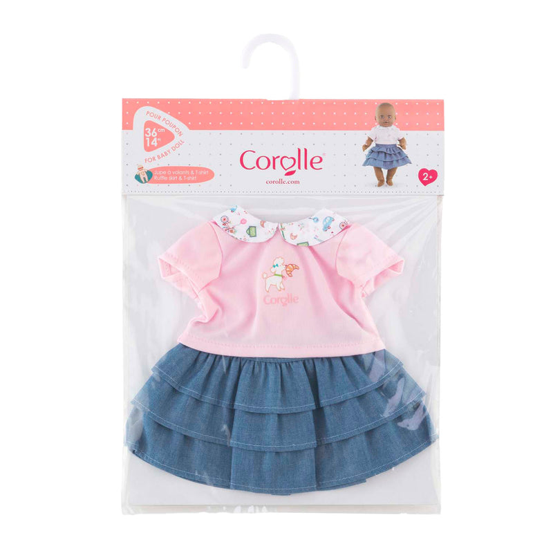 Afbeelding laden in galerijviewer, Corolle rok met ruches en t-shirt voor babypop, 36cm.
