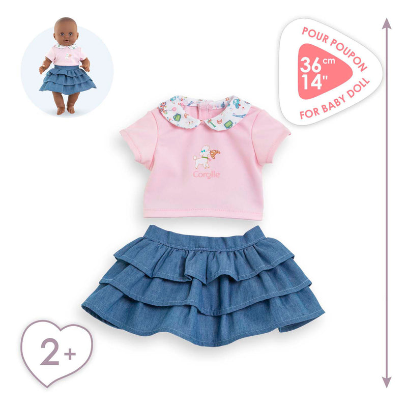 Afbeelding laden in galerijviewer, Corolle rok met ruches en t-shirt voor babypop, 36cm.
