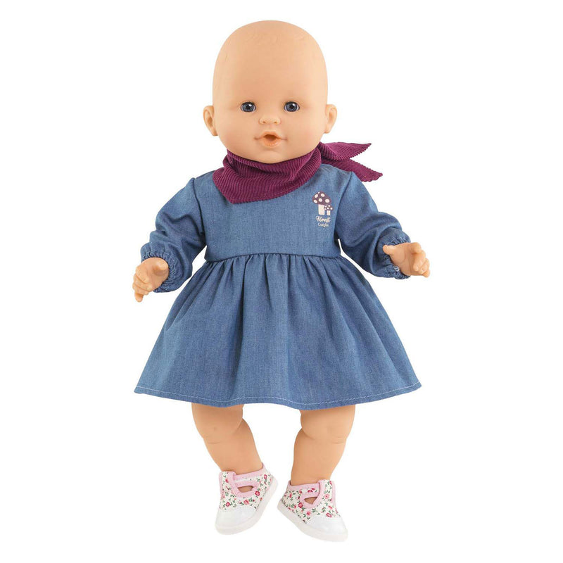 Afbeelding laden in galerijviewer, Corolle poppen jeansjurk met sjaal - babypop kleding 36cm denim.
