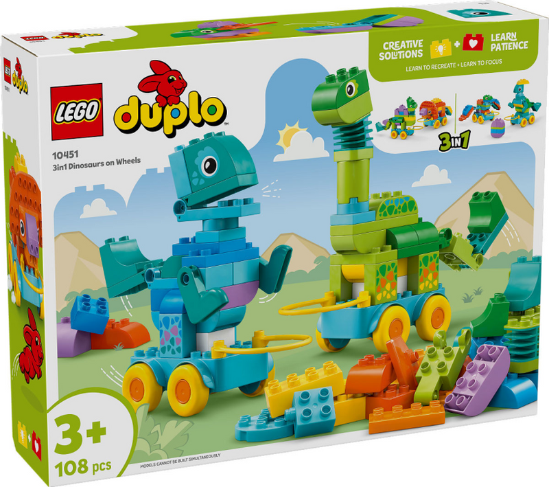 Afbeelding laden in galerijviewer, Lego duplo 3-in-1 dinosaurussen op wielen leerzaam speelgoed voor peuters met 6 figuren 10451
