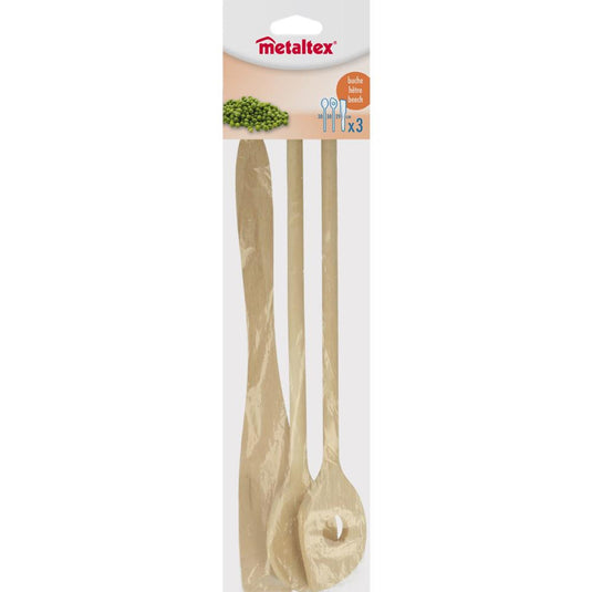 Metaltex beukenhouten spatel + 2 pollepels 27cm