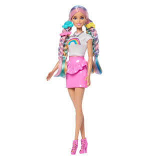 Afbeelding laden in galerijviewer, Barbie modepop met extra lang schitterend regenbooghaar en 12 stylingaccessoires
