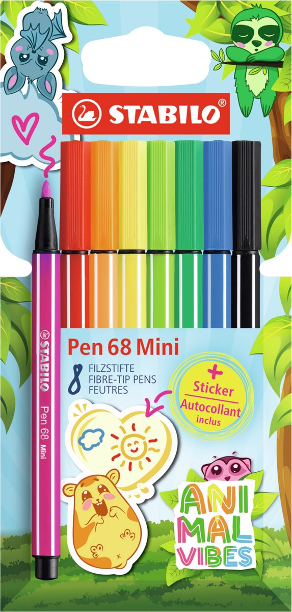 Afbeelding laden in galerijviewer, Stabilo pen 68 mini - premium viltstift - animal vibes - etui met 8 kleuren + sticker
