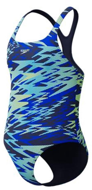 Speedo hyperboom print medalist meisjes sportbadpak - kleurvast badpak meisjes - chloorbestendig zwempak meisjes - sportbadpak meisjes met medalist-bandjes - marine groen - 176