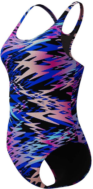 Speedo hyperboom print medalist dames sportbadpak - kleurvast badpak dames - chloorbestendig zwempak dames - sportbadpak dames met medalist-rug - zwart roze - 44