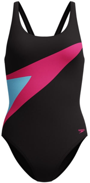 Speedo hyperboom butterfly back dames sportbadpak - kleurvast badpak dames - chloorbestendig zwempak dames - sportbadpak dames met vlinderrug - zwart roze - 38