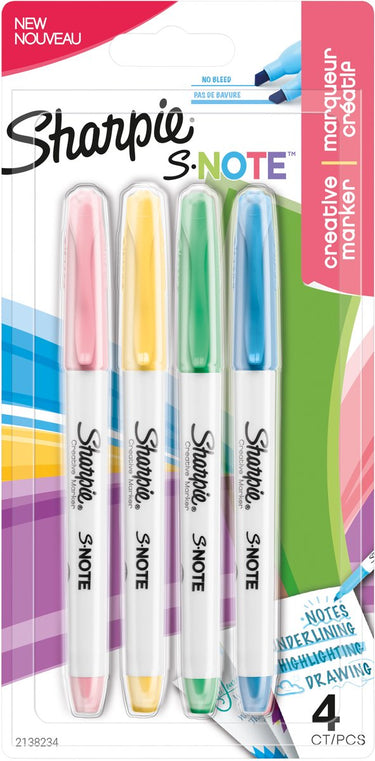 Sharpie s-note creatieve kleurenmarkers | markeerstift om mee te schrijven, tekenen en meer | diverse pastelkleuren | beitelpunt | 4 stuks