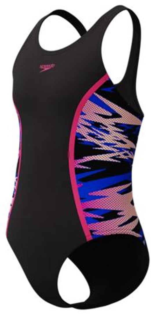Speedo hyperboom splice muscleback meisjes sportbadpak - kleurvast badpak meisjes - chloorbestendig zwempak meisjes - sportbadpak meisjes met muscleback-rug - zwart roze - 152
