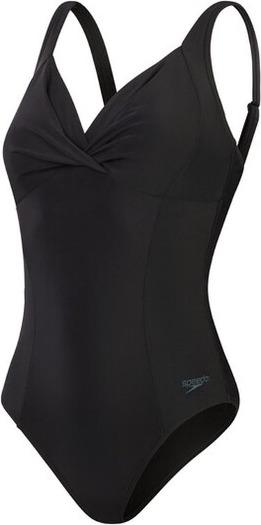 Speedo shaping cross knot 1 piece dames sportbadpak - corrigerend badpak dames - zwempak dames met uitneembare cups - sportbadpak dames met hartvormige halslijn en verstelbare bandjes - zwart - 44