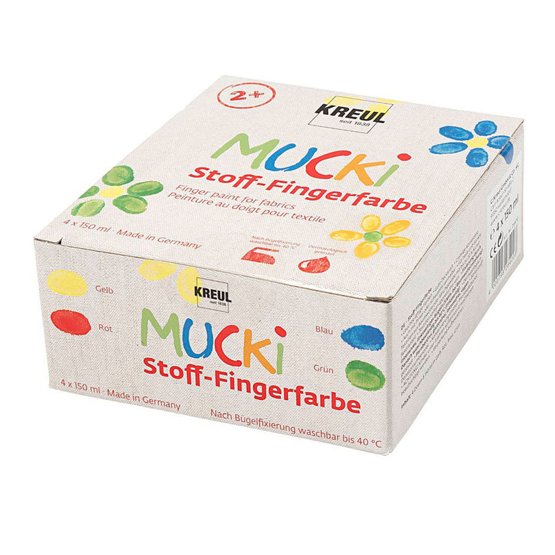Afbeelding laden in galerijviewer, Mucki textiel vingerverf - 4 x 150 ml vingerverf voor textiel - kleuren geel, rood, blauw groen
