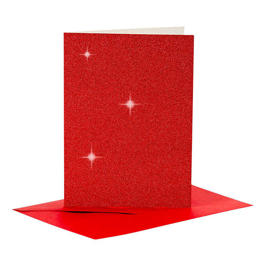 Creativ company kaarten en enveloppen 10,5x15cm glitter rood - 4st.