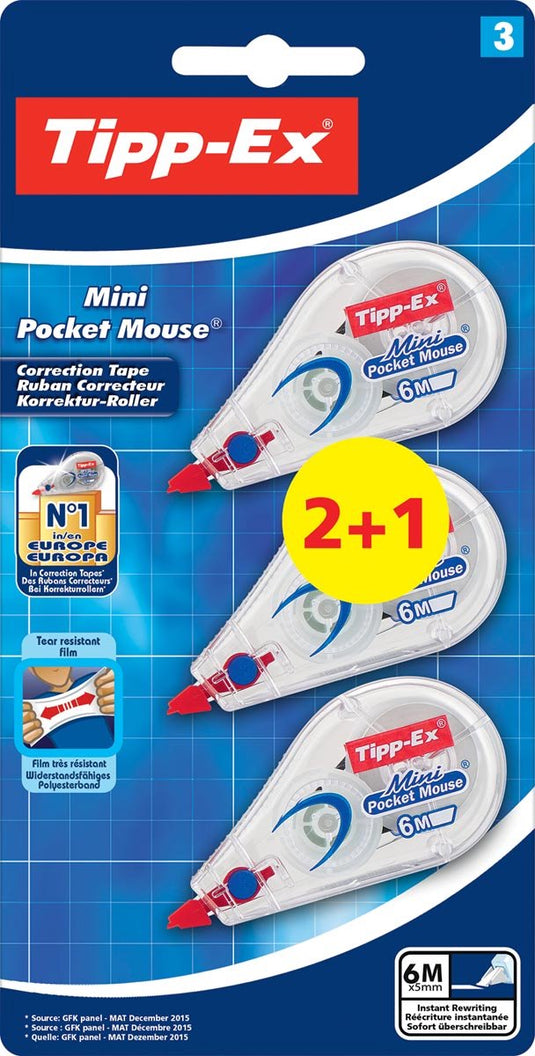 Tipp-ex - correctiemiddelen - pocket mini mouse 5 mm 2+1 - beschermdop - miniformaat