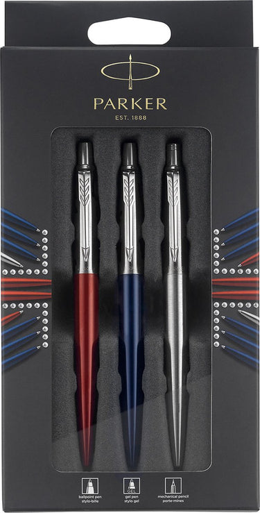 Parker jotter london trio discovery-geschenkset met pennen en potlood: balpen (koningsblauw), gelpen (rood kensington) en vulpotlood (roestvrij staal)