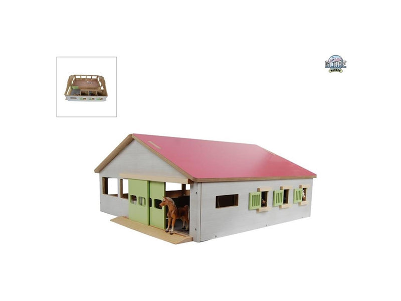 Afbeelding laden in galerijviewer, Kids globe paardenstal met 3 boxen en binnenbak 62,5x54x25cm 1:32 roze
